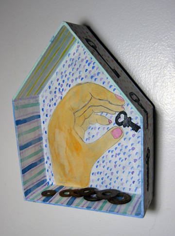 Dollhouse, 6x8", paper, acrylic, watercolour, graphite, relief print, and found objects, 2012