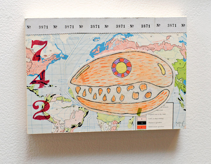 Seven Four Two, 2013 Intaglio, watercolour, stamping and collage on wooden panel 7” x 5”